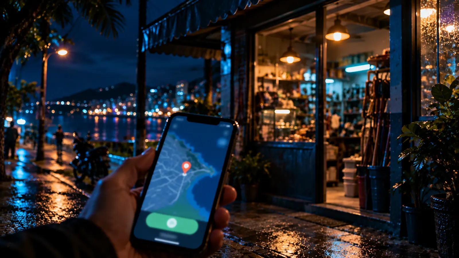 Mão segurando um celular com um mapa e um botão verde na tela, em frente a uma loja de bairro iluminada à noite