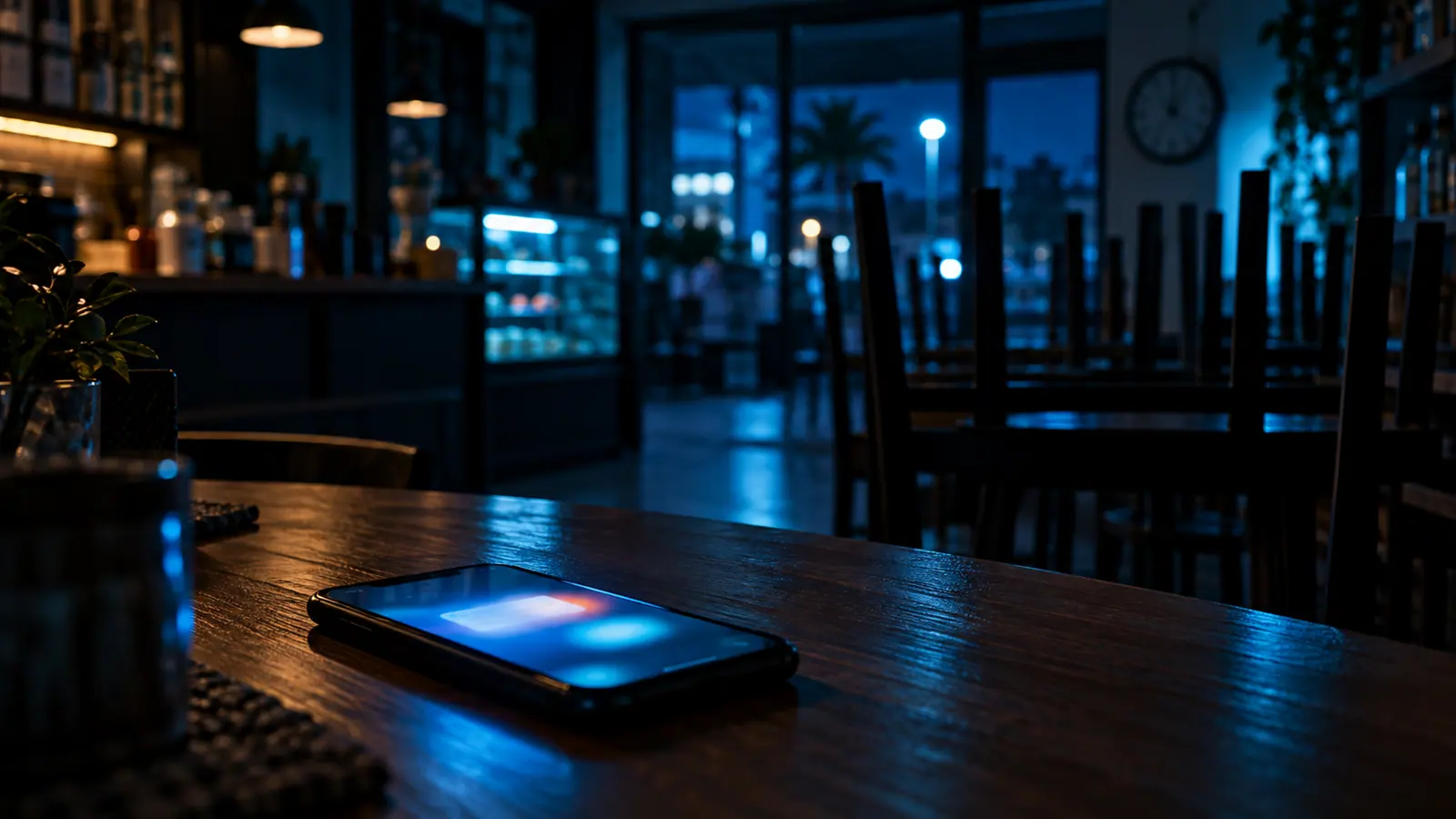 Celular sobre a mesa de uma loja fechada à noite, com uma notificação acesa e um relógio de parede desfocado ao fundo, sob luz ciano