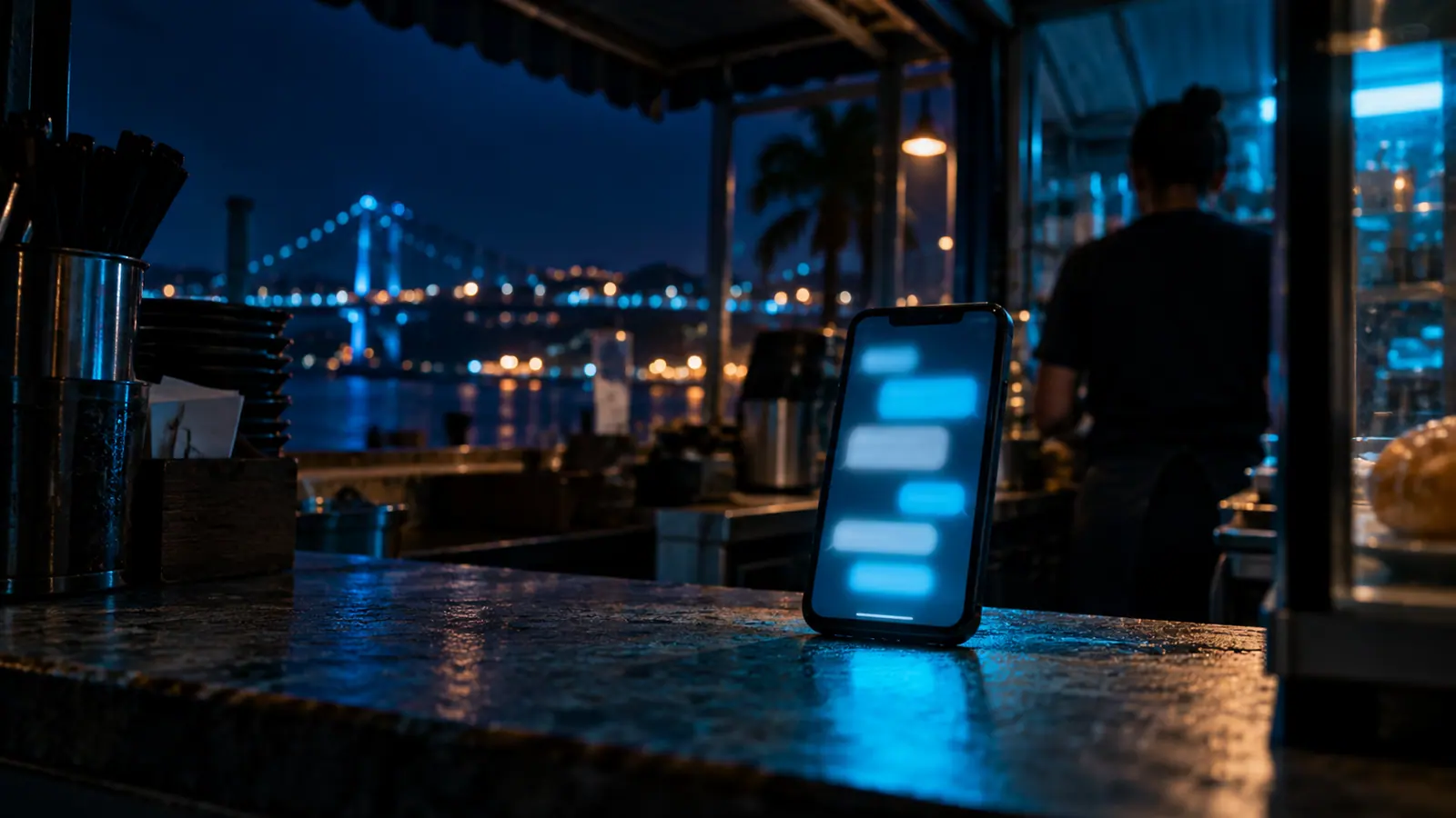 Balcão de uma pequena empresa à noite, com um celular aceso mostrando uma conversa desfocada, sob luz ciano
