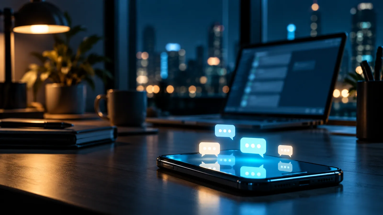 Celular sobre a mesa de um escritório pequeno à noite, com várias notificações de mensagem acesas e um notebook desfocado ao fundo, sob luz ciano