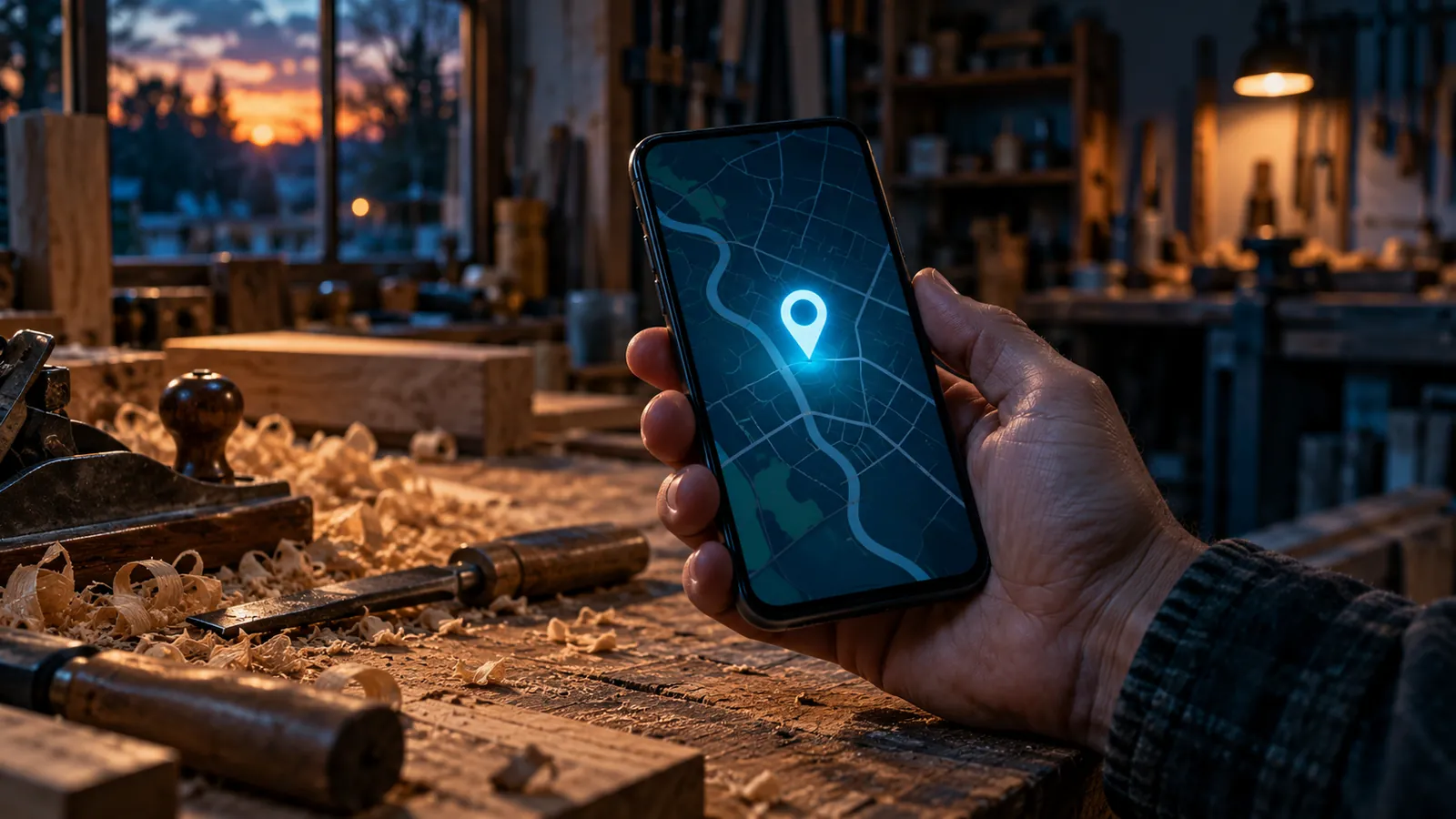 Mão segurando um celular com um mapa aberto e um pino de localização em destaque, sobre o balcão de uma oficina de bairro ao entardecer, sob luz ciano