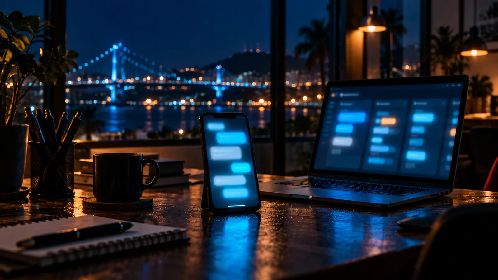 Escritório vazio à noite com um celular em pé mostrando uma conversa de WhatsApp em luz ciano e um notebook aberto ao lado