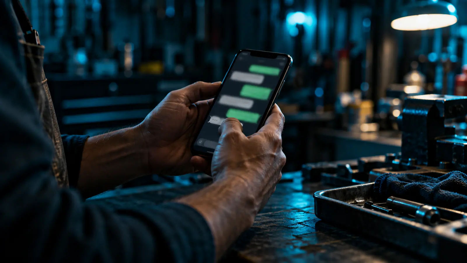 Mão segurando um celular com uma conversa de WhatsApp aberta, mostrando um pedido de orçamento com foto e medidas