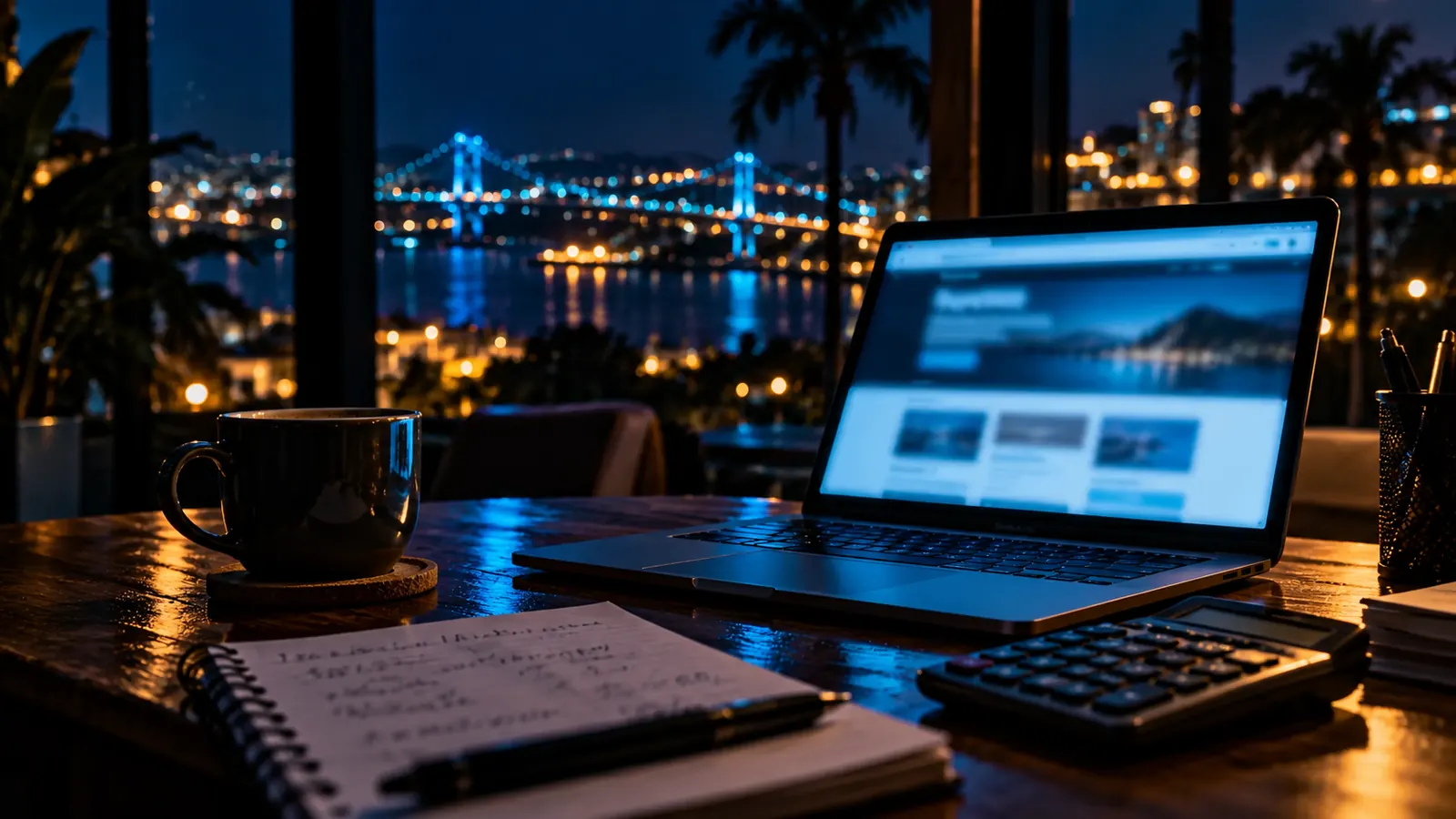 Mesa de trabalho à noite com notebook mostrando um site, calculadora e caderno de anotações, com as luzes da cidade ao fundo