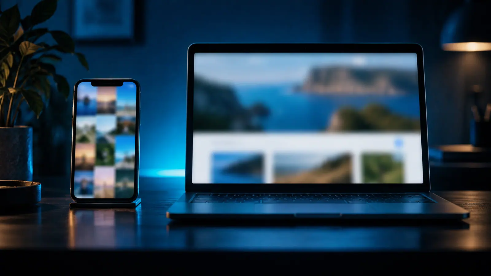 Mãos segurando um celular com um perfil de Instagram aberto, ao lado de um notebook mostrando o site da mesma empresa