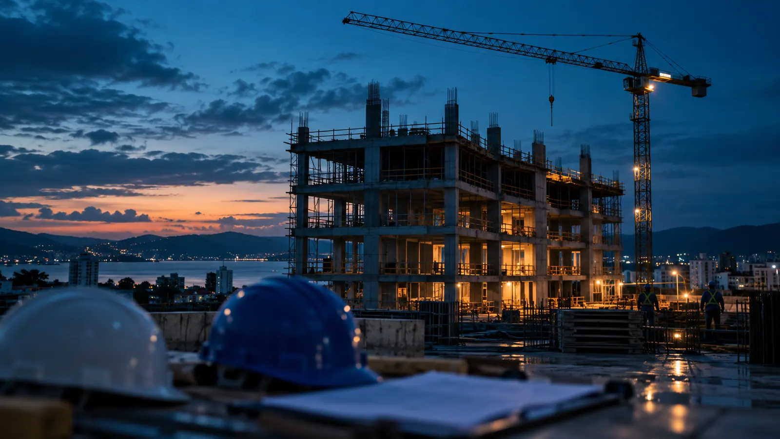 Obra residencial em andamento com estrutura de concreto e andaimes, ao lado de uma casa recém-entregue