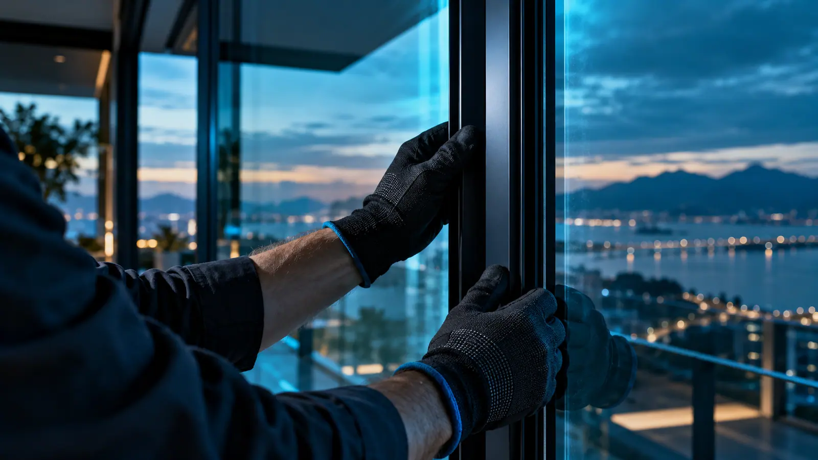 Sacada de apartamento fechada com vidro e guarda-corpo de vidro, com vista para o mar ao fundo